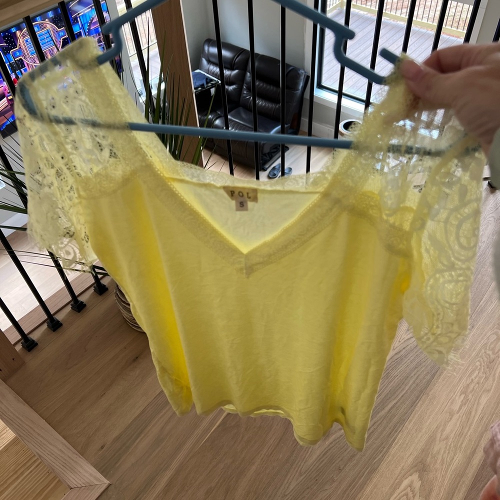 Yellow size small Pol shirt, true to size with some stretch. - Picture 2 of 4